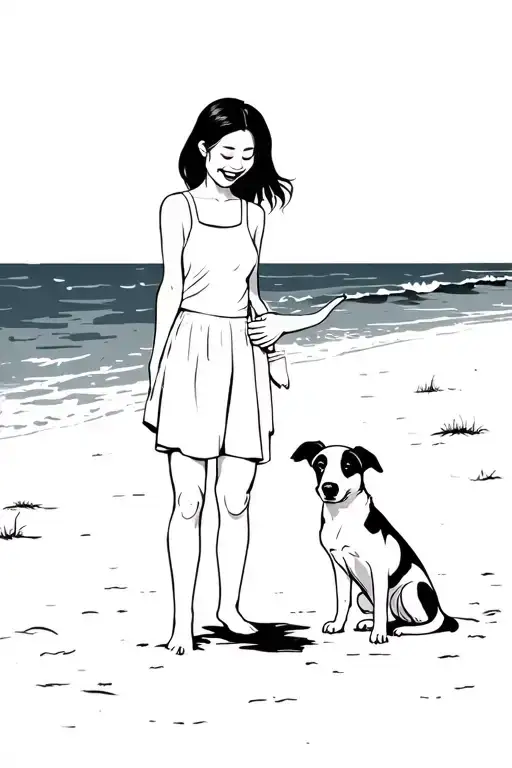 Cute Asian Woman Holding Dog Playing And Laughing At The Beach