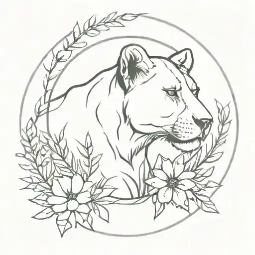 Lioness In Circle With Wattle Flower