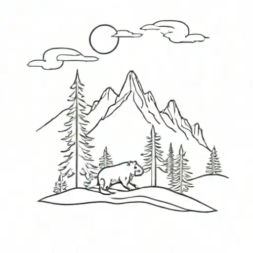 Mountains And Trees With Bear And Cardinal Perched