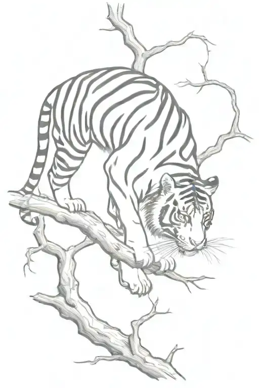 Tiger Climbing Down Branch Whole Body