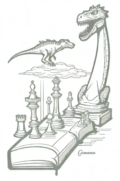Book With Title And Chess Peice And Dinosaur On Top