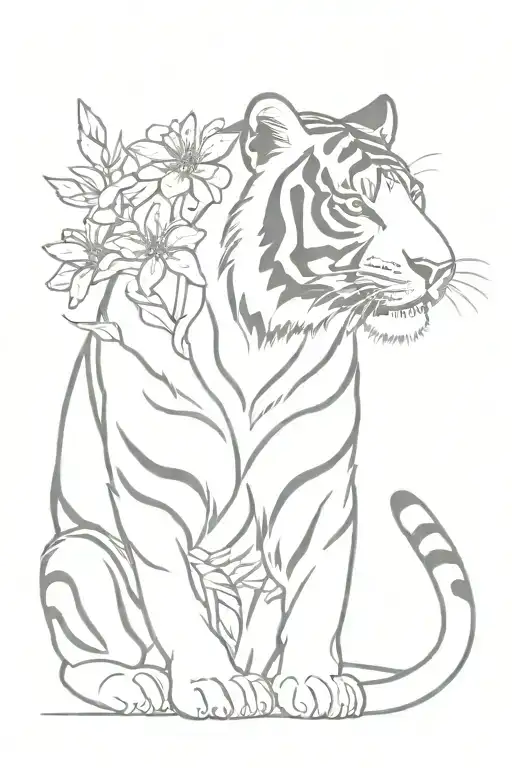 Sak Yant Tiger With Rodhodendron Petal Flowers Blooming