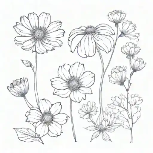 Marigold And Cosmos Flowers With Ocean