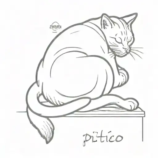 Yellow Tabby Cat Sleeping On Its Paws With A Happy Face Drawn With The Word Pitico Forming Its Body