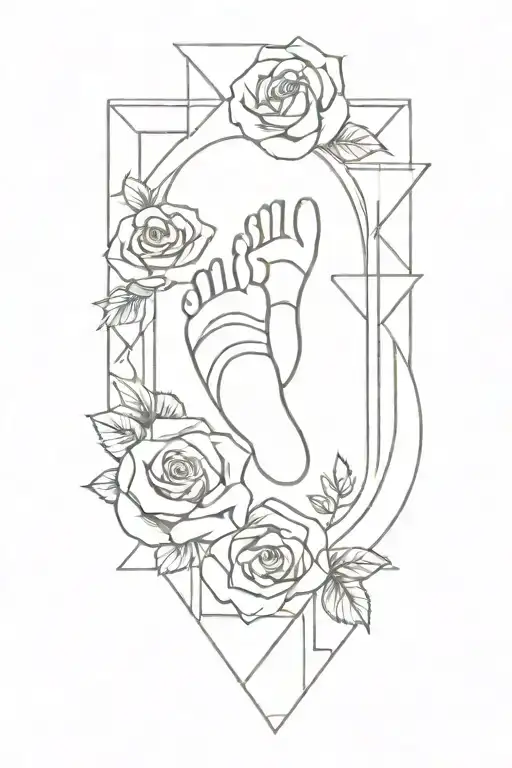 Baby Foot Print Surrounded By Roses And Geometric Lines