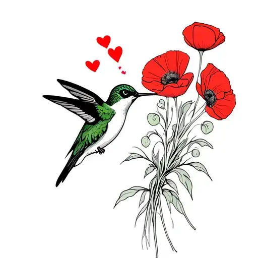 Hummingbird With Hearts Drinking From A Boquet Of Poppy Flowers