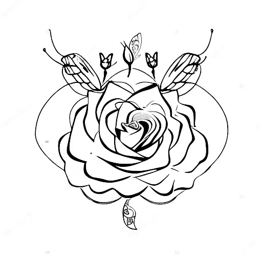 One Rose With Steel And Two Little Butterflies Flying Above The Rose