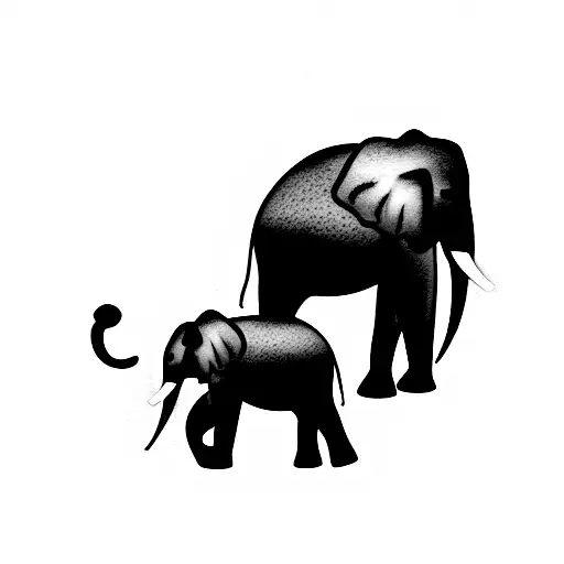 Stylized Side Profile Of Adult Elephant And Side Profile Of Young Elephant Looking At Each Other