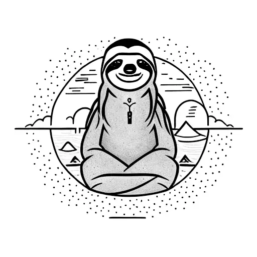 A Sloth Meditating On A Rock In The Middle Of A Serene Mountain Lake