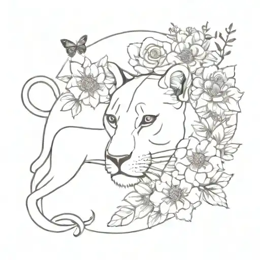 Lioness With Dog And Flowers And Butterflies