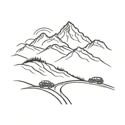 A Minimalist Tattoo Of A Mountain Silhouette With A Car Driving Along A Winding Road