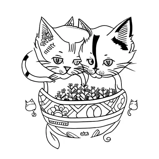 Matching Cute Cat Tattoos Where One Cat Has A Soccer Ball And The Other Cat Is Gardening Plants