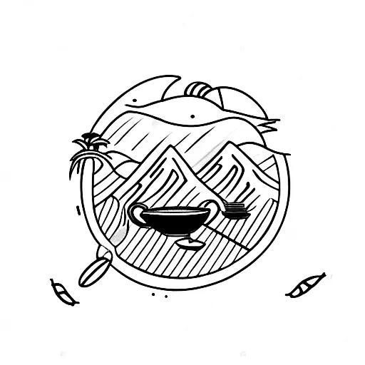 A Serene Coffee Shop Setting With A View Of The Beach And Mountains In The Distance