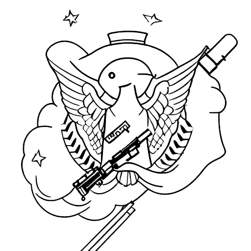 A Black And Grey Tattoo Of A Soldier Shooting A Gun With A Majestic Bird Flying Overhead