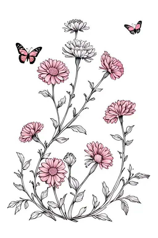 Chrysanthemum Flowers And Carnation Flowers And Candytuft Flowers On A Vine With Butterflys