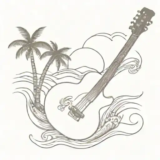 A Minimalist Tattoo Of A Guitar With Waves And Palm Trees In The Background