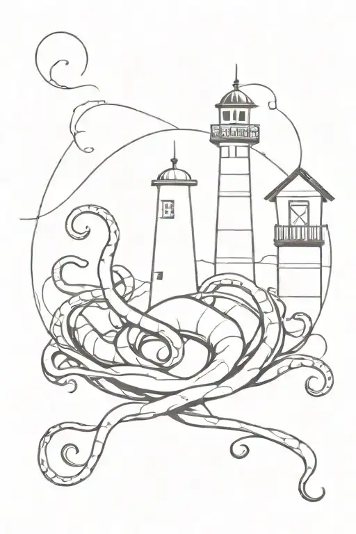 A Ligthhouse With A Giant Octopus Tentacle Behind