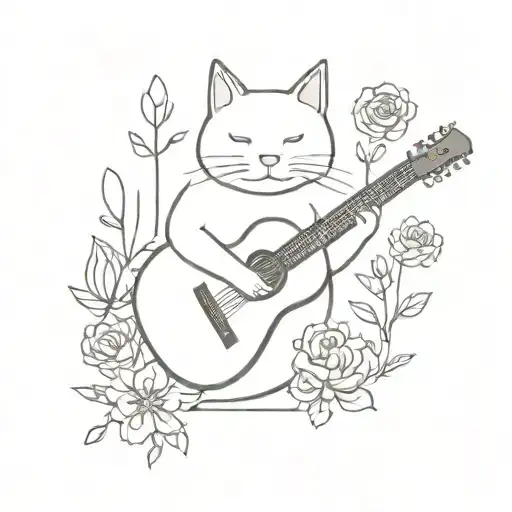 A Minimalist Tattoo Of A Cat Playing A Guitar Surrounded By Blooming Flowers