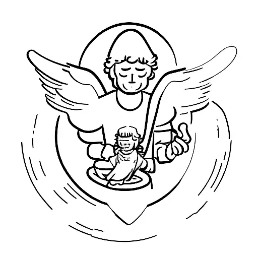 A Guardian Angel Protecting A Father And Son Symbolizing Family And Continuation Of The Lineage