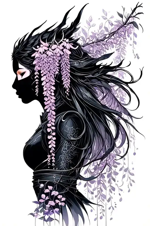 Wisteria Flowers Cascading Down Side Profile Female Ninja Warrior And Dragon