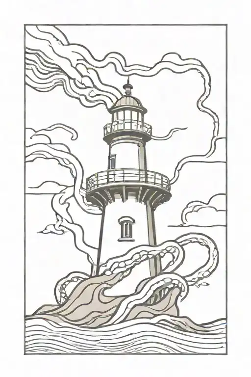 A Ligthhouse With Waves Below And An Giant Octopus Tentacle Behind