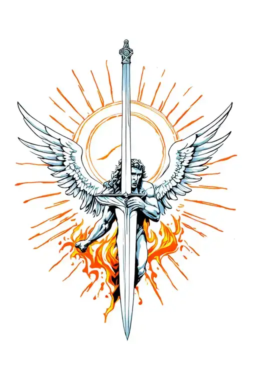 Michael With A Sword And Sun Behind Him And Icarus Falling Wings On Fire