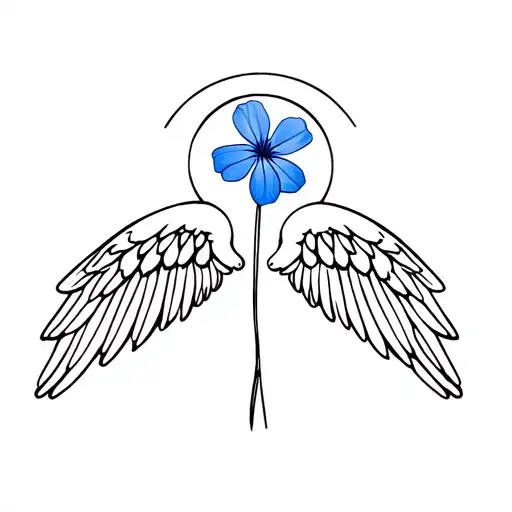 Simple Lines Angel Wings And Halo With One Forget Me Not Flower