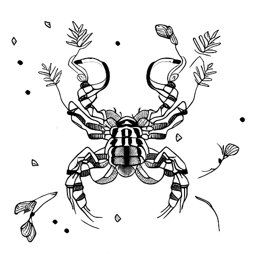 Scorpion Tattoo Lightly Wrapped In Butterflies And Flannel Flowers With A Slight Glitch Effect