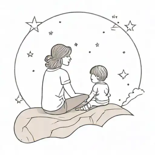 Kid Sitting With Mom On A Rock Looking At The Sky Filled With Stars