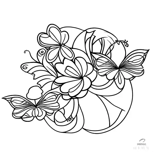 Flower Tattoo With Two Butterflies And Ohne Ladybug