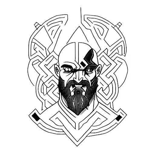 A Portrait Of Kratos With A Pixelated Background Representing His Video Game Origins