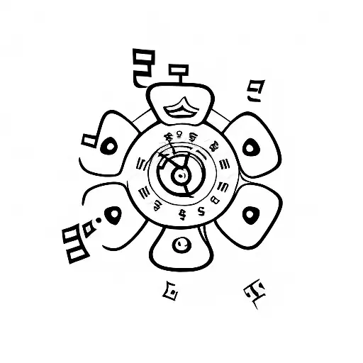 A Minimalist Tattoo Of A Cashier Counting Money With Reggae Music Notes Floating Around