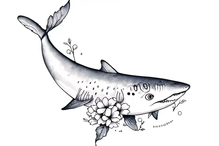 Fine Line Whale Shark With Flowers