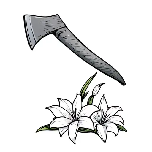 Axe Leaning Against A Fig Tree With Three White Lillies