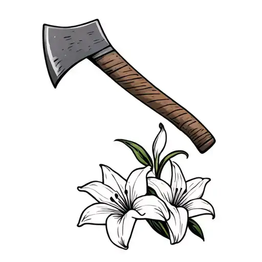 Axe Leaning Against A Fig Tree With Three White Lillies
