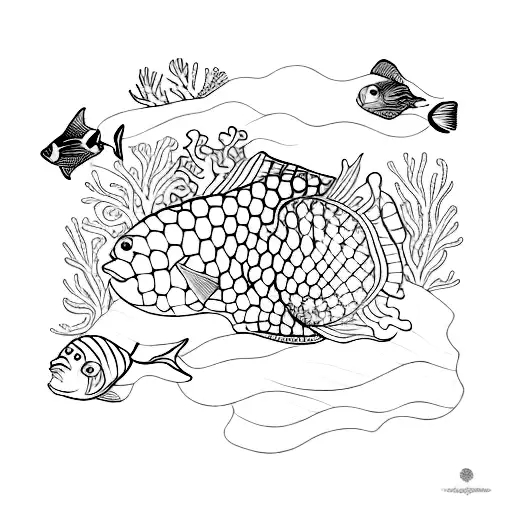 An Intricate Blackwork Design Of A Snorkeling Scene With Colorful Coral And Tropical Fish