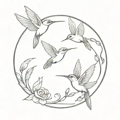 Floral Moon With 3 Hummingbirds Forming The Shape