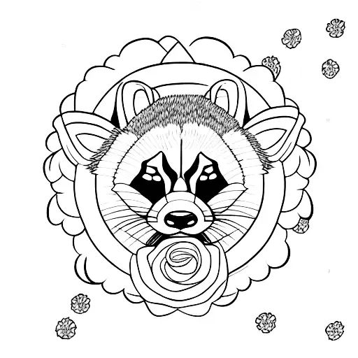 Black And White Raccoon Head Inside Wreath With Flowers