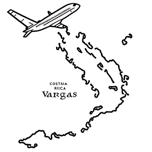 Costa Rica Map Outline With The Vargas Last Name Inside As A Trace Of An Airplane