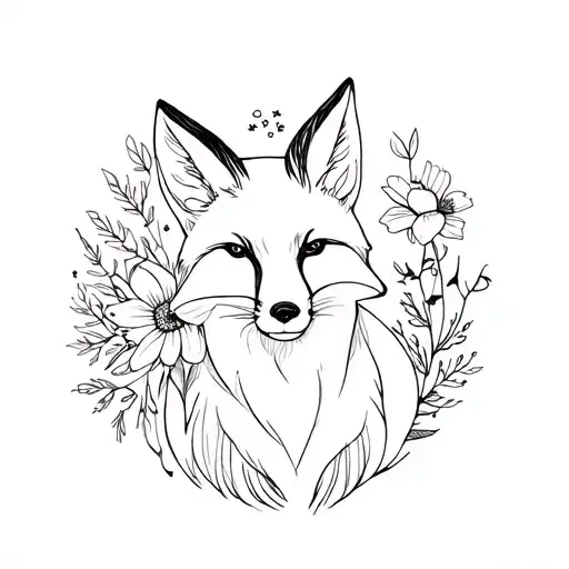 Fox With Cosmos And Hawthorn Flower