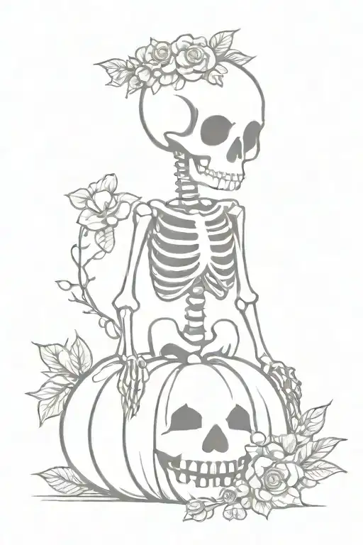 Tiny Skeleton Holding A Tiny Bouquet Of Flowers With A Pumpkin On The Right Side
