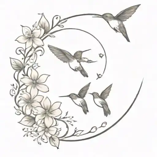 Dainty Floral Moon With 3 Hummingbird Silhouettes Intertwined