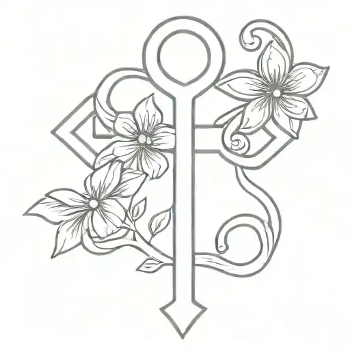Ankh Symbol With 3 Small Flowers And 3 Big Flowers