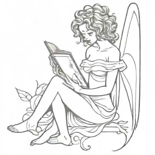 Full Body Female Fairy With Bat Wings And Curly Hair Reading Book