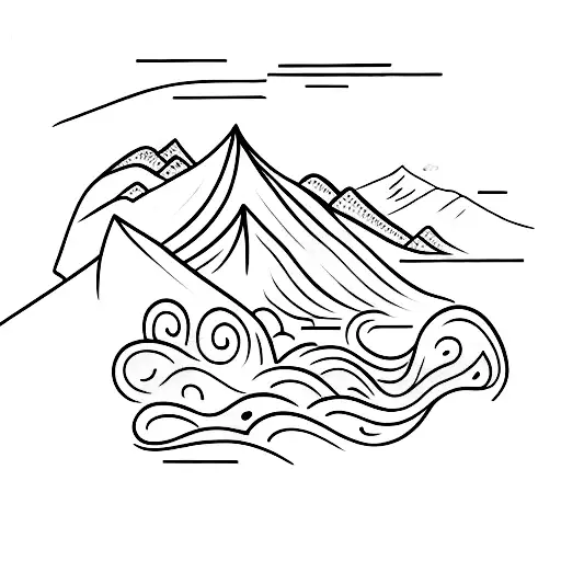 A Minimalist Tattoo Design Of A Silhouette Of A Hiker With A Background Of Surf Waves