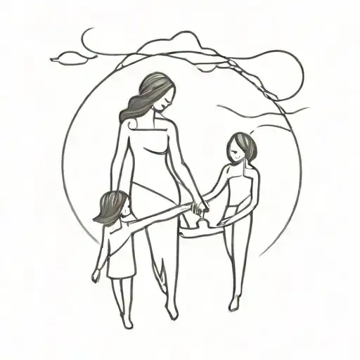 A Mother Accompanying Her Children Towards The Light