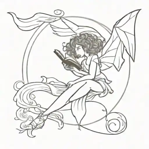 Full Body Female Fairy With Bat Wings And Curly Hair Reading Book While Flying