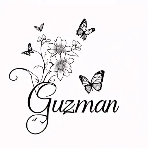The Word Guzman In Cursive With Flowers And Butterflies