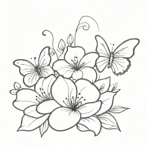 Line Art Flower With Butterflies