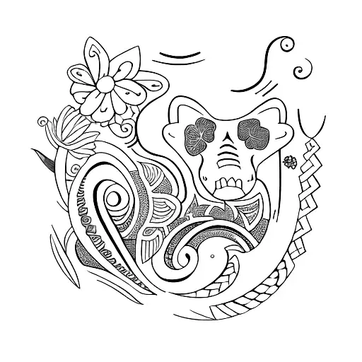 Tribal Line As A Trunk With 2 Flowers Going Off To The Left And Right